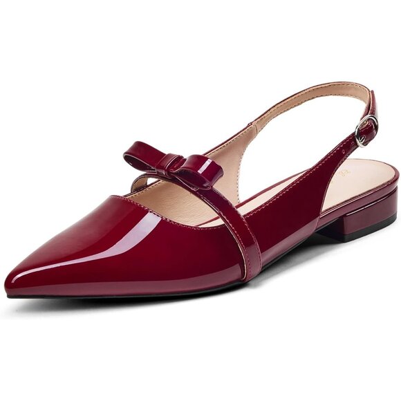 Women Wine Red Polyurethane (PU) Rhinestone Pointed Toe Slingback Flats Shoes - Picture 4 of 6